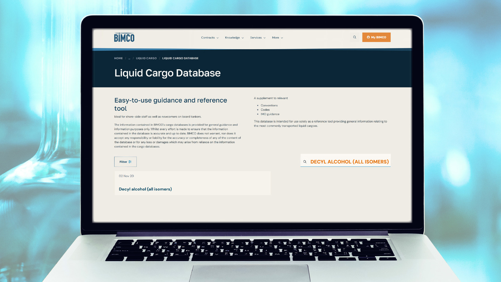 BIMCO Liquid Cargo Database on laptop screen