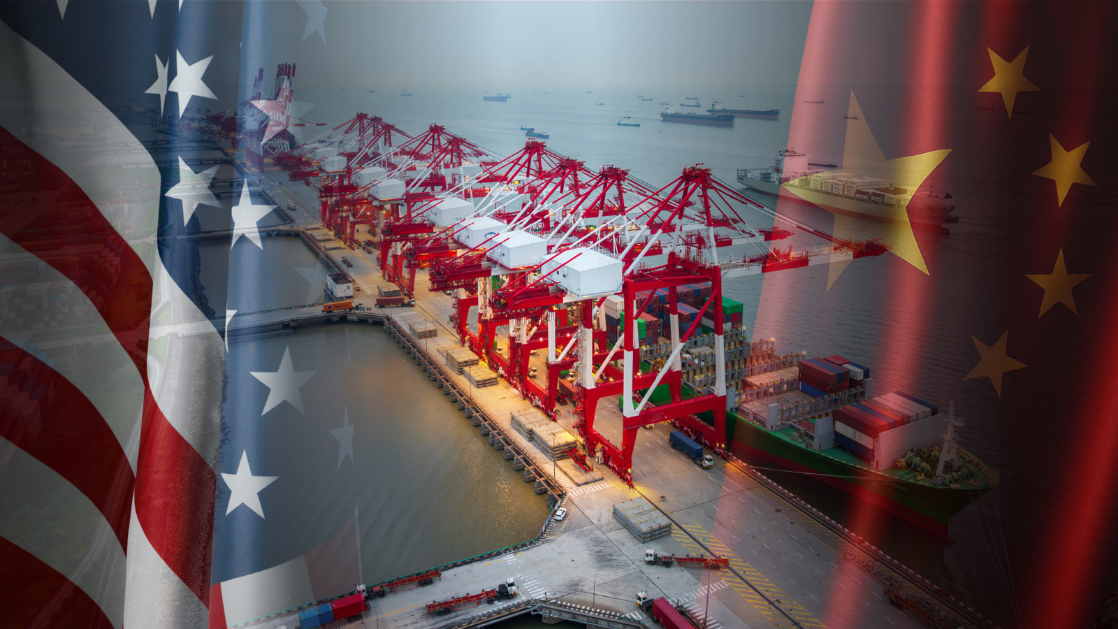 A containter ship being unloaded with Chinese and US flags superimposed