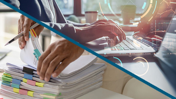 Montage image of person typing on a keyboard and sorting through paper files