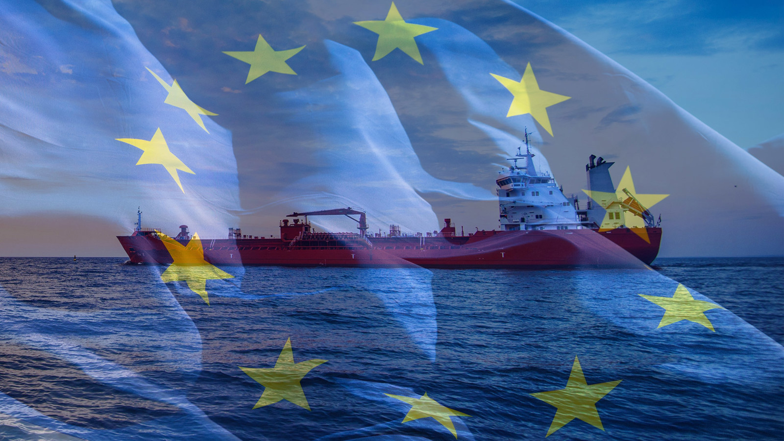 Tanker ship at sea with EU flag superimposed on picture