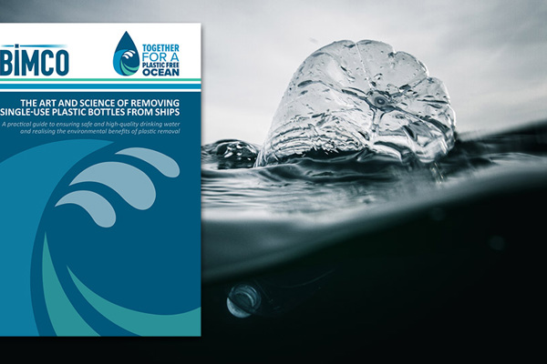 A plastic bottle floating in the sea with an image of the front cover of the BIMCO guide to removing single use plastics from ships
