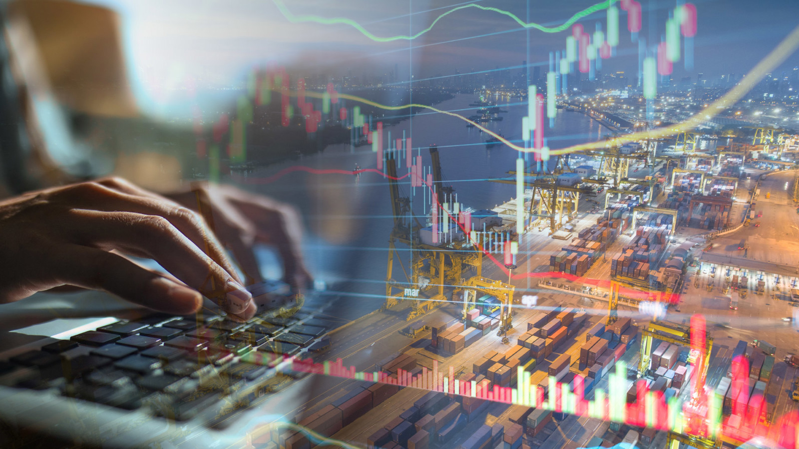 collage of a container shipping port with an economic graph overlaid and hands typing on a laptop computer