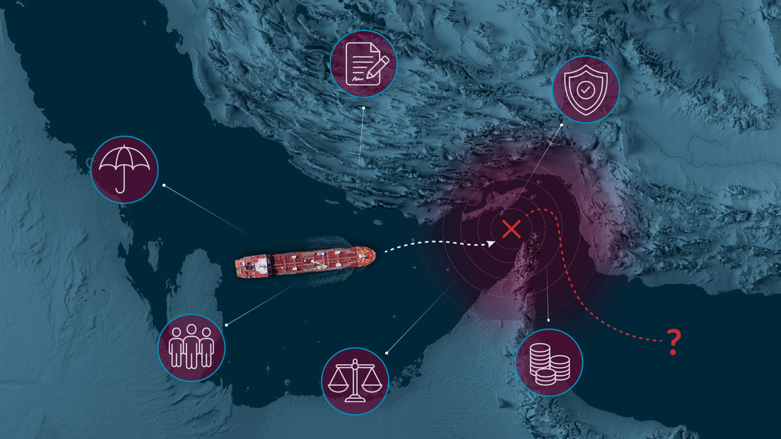 Stylised satellite view of the Strait of Hormuz with icons representing contractual aspects for ships