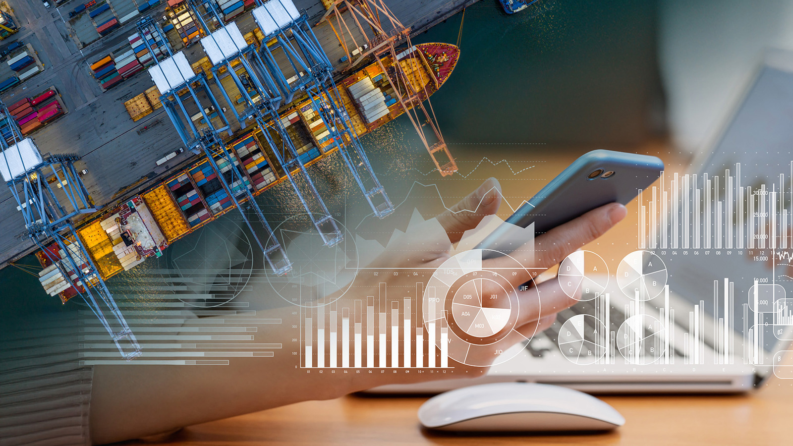 container ship being unloaded, viewed from above