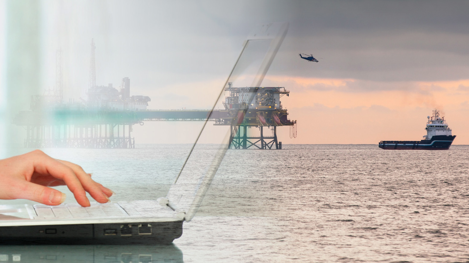Collage - woman's hand working on computer laptop on the left and a supply vessel moving away from an offshore construction platform for oil and gas production on the right
