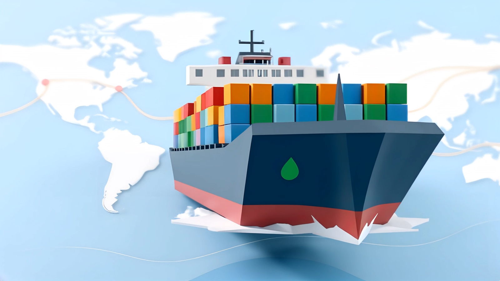 Computer generated image of world map with a container ship