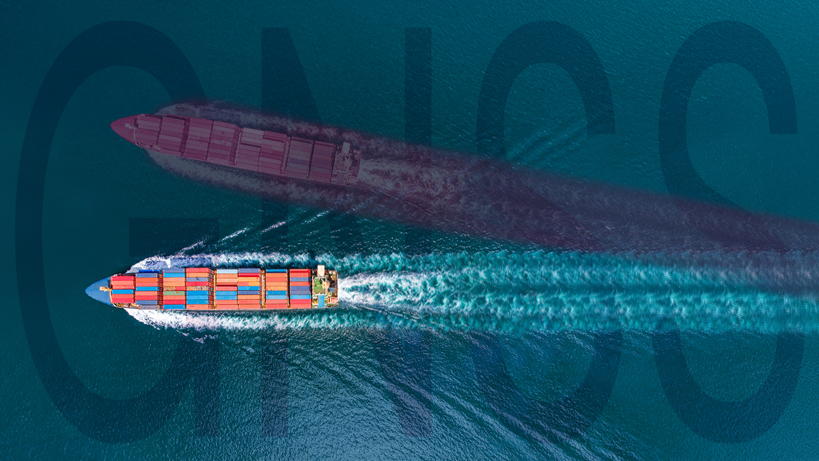 A container ship at sea seen from above, with a 