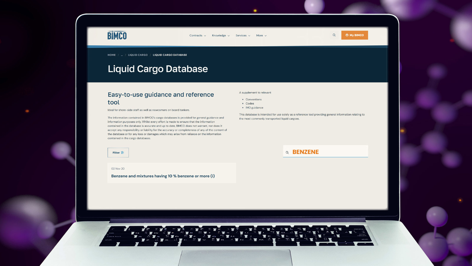 BIMCO Liquid Cargo Database on laptop screen
