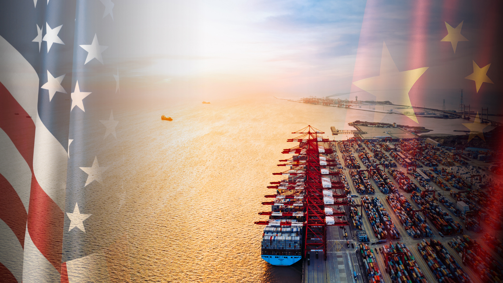Container ship in port with US and Chinese flags superimposed