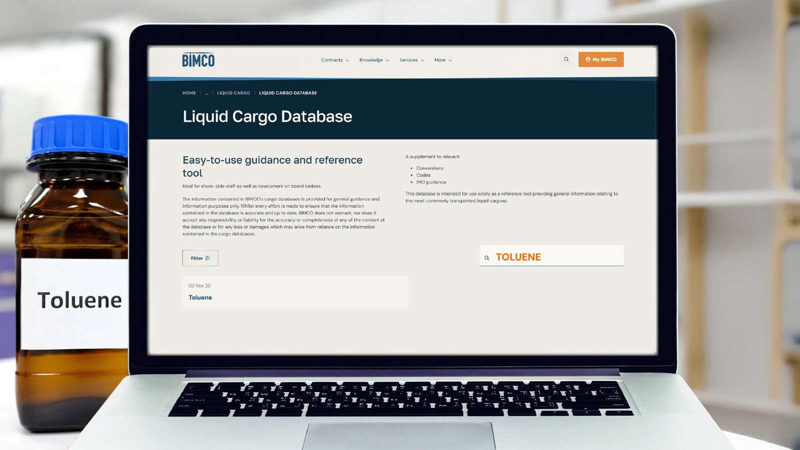 BIMCO Liquid Cargo Database on laptop screen