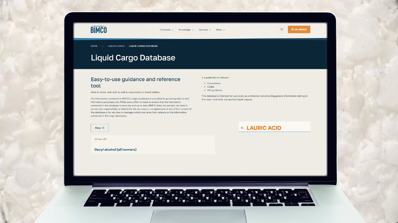 Laptop screen showing BIMCO's Liquid Cargo Database