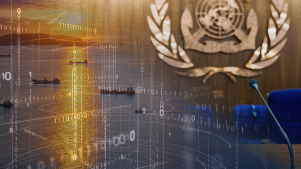 Photo collage with IMO meeting room and ships at sea. 1's and 0's superimposed to suggest digitalisation.