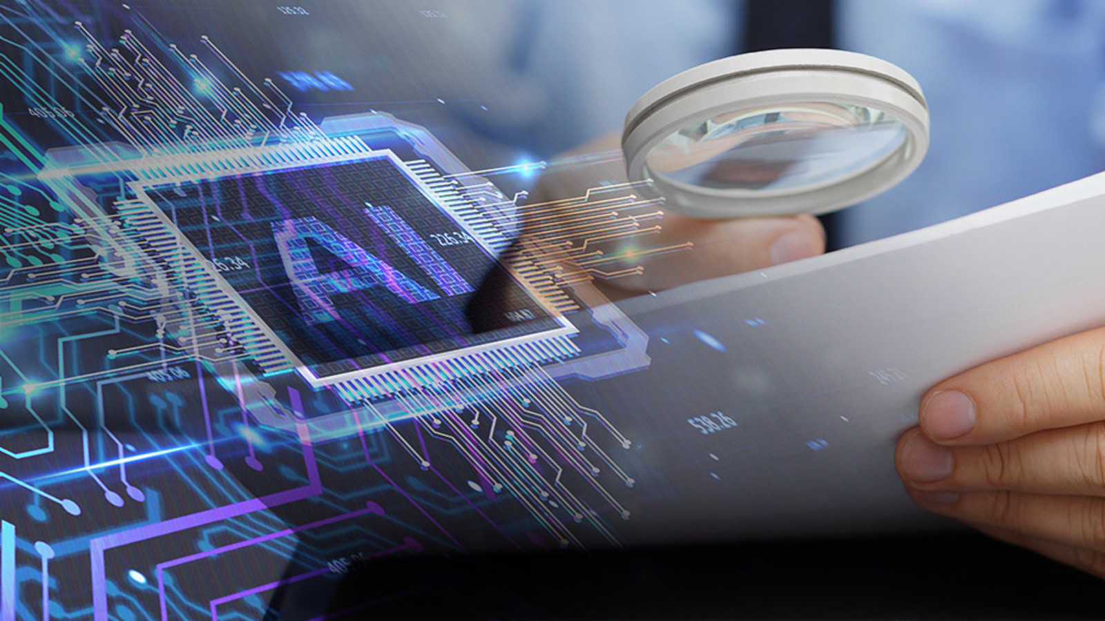 Magnifying glass and silicon chip with label 