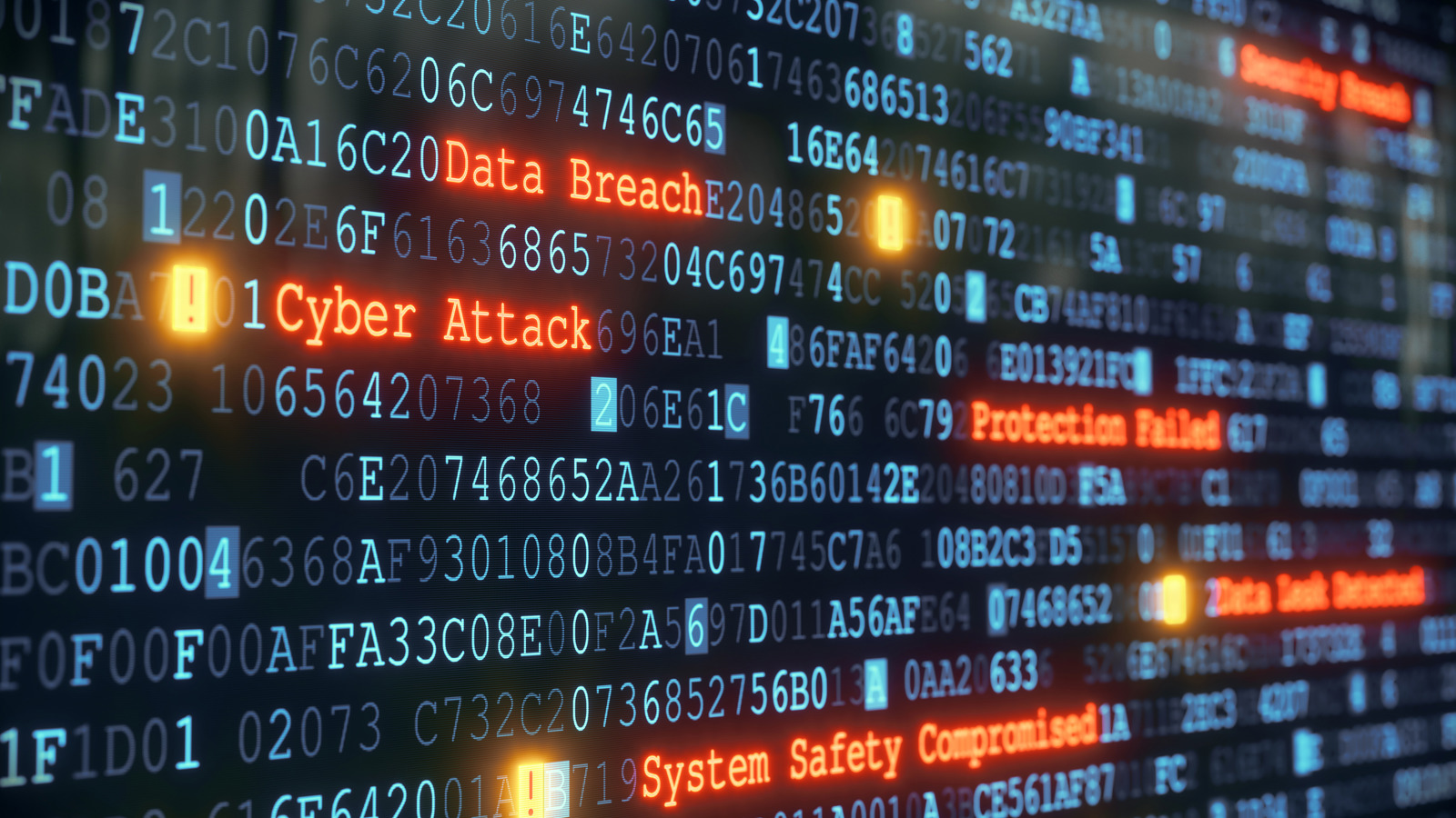 Hexadecimal numbers on a computer screen interspersed with words relevant to cyber security