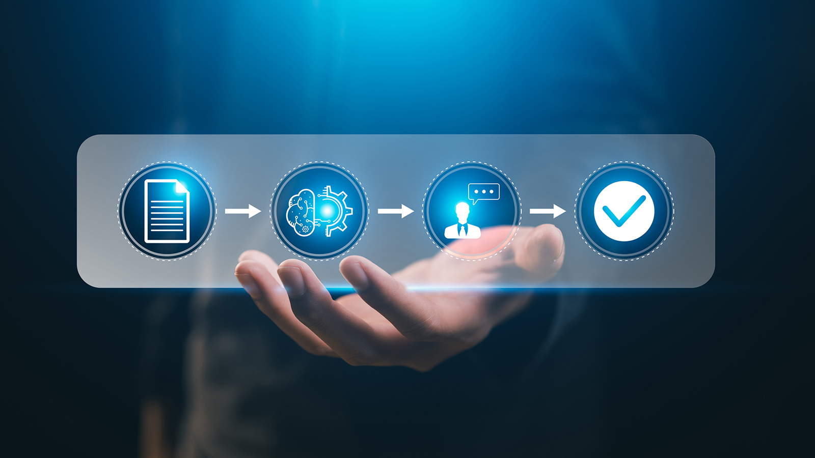 A hand holding icons representing AI work