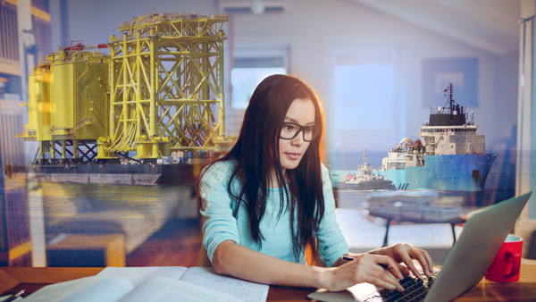 collage of view of heavylift ship on the left and a woman studying using a laptop with a supply vessel in the background on the right