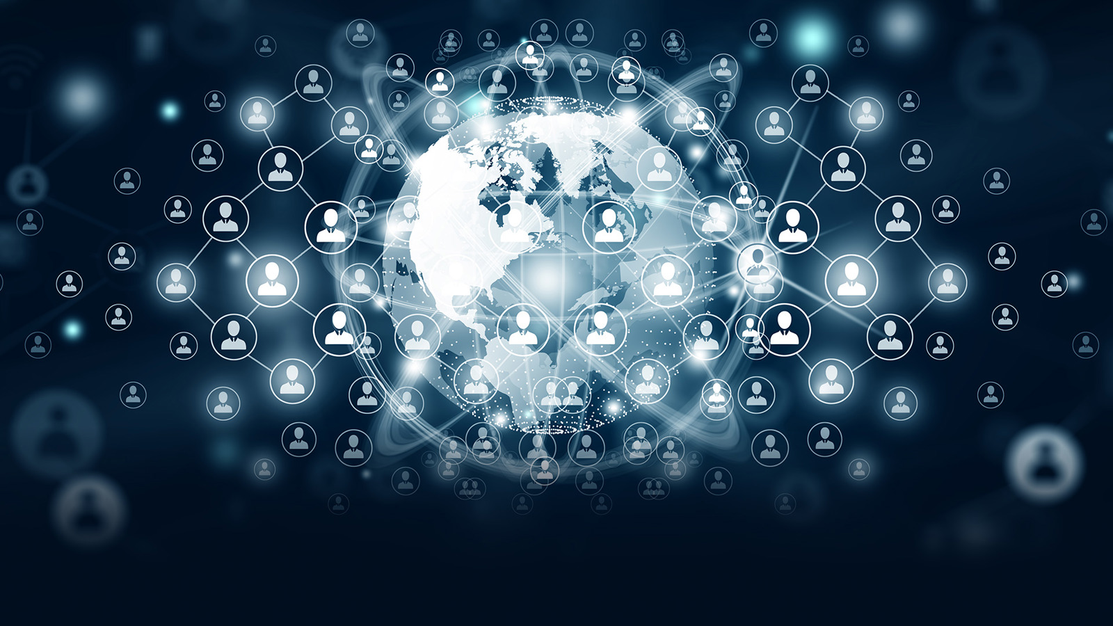 Computer generated map of world with icons of people in it