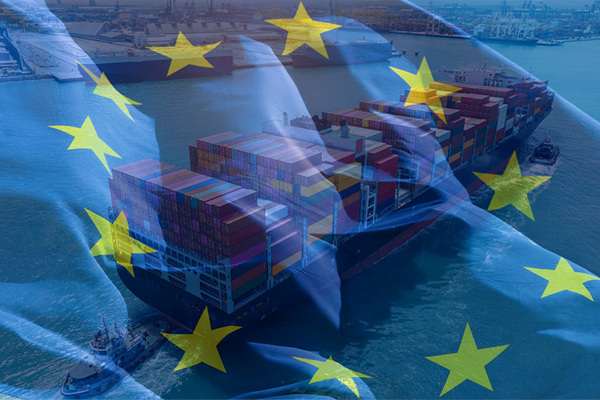 EU flag superimposed on a photo of a ship