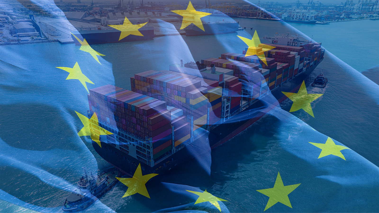 EU flag superimposed on a photo of a ship