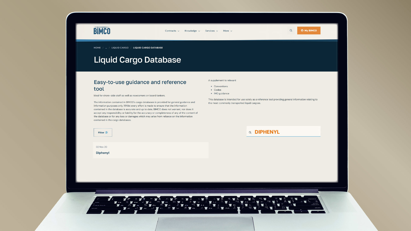 BIMCO Liquid Cargo Database on laptop screen