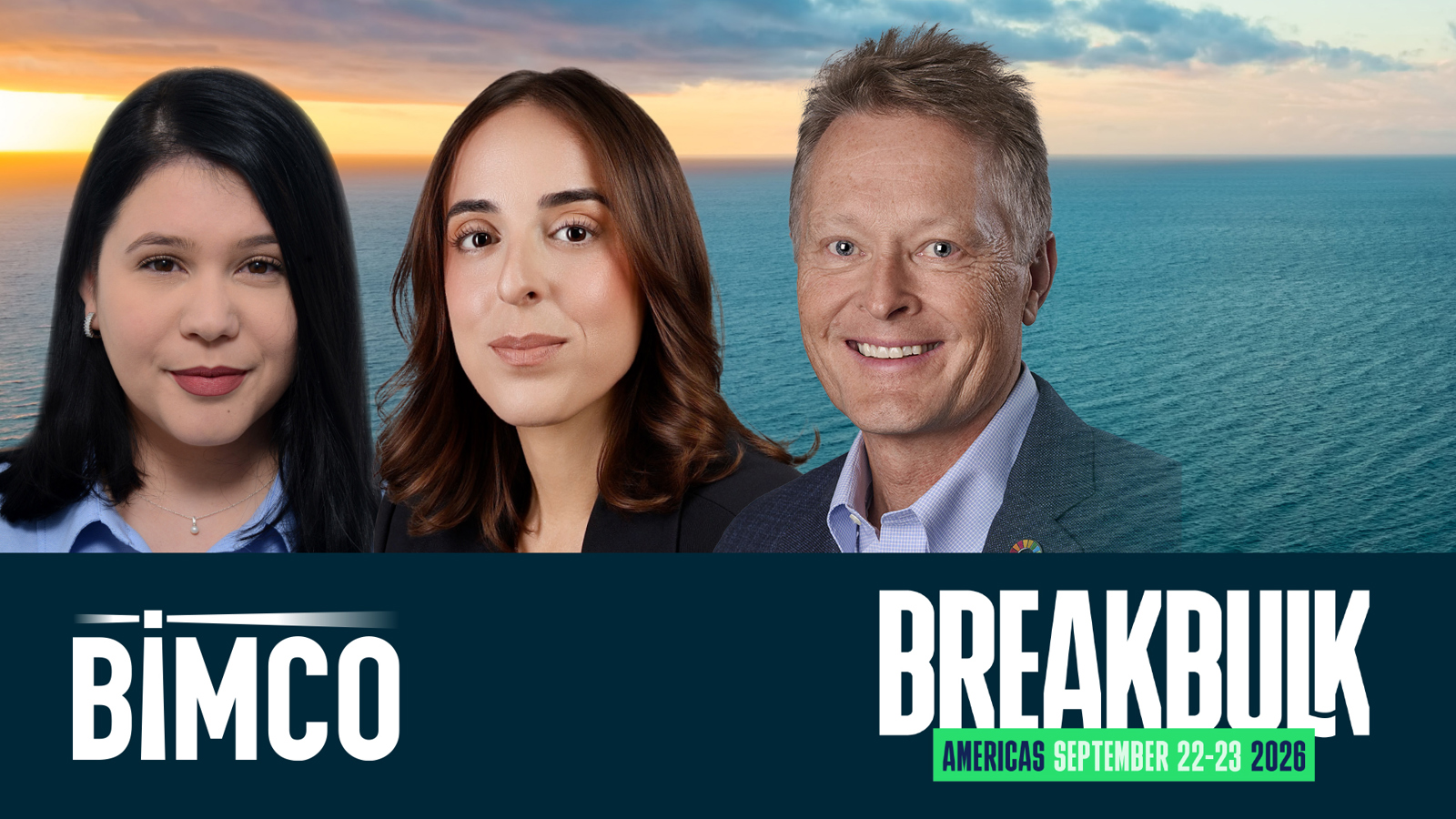 BIMCO's Elena Kourlimpini, Maria L Salazar & Thomas Damgaard superimposed on ocean water